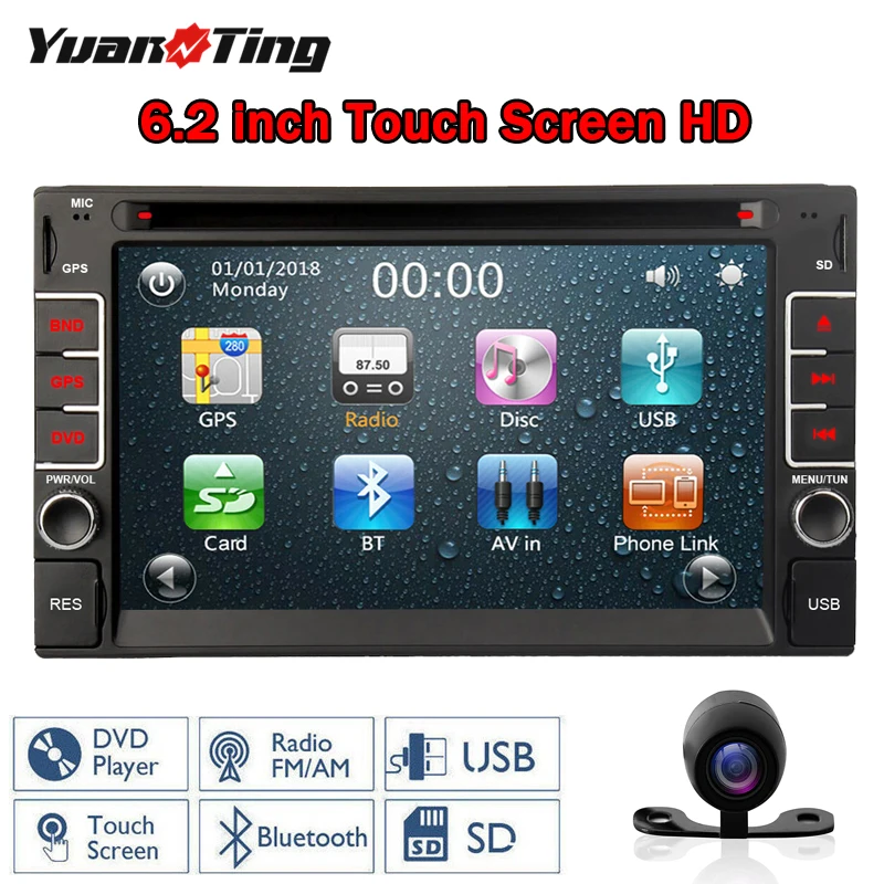 YuanTing Double Din Car Radio 6.2 inch Touch Screen Stereo DVD Player Bluetooth GPS Navigation Head Unit Support SD/USB/RDS/AUX |