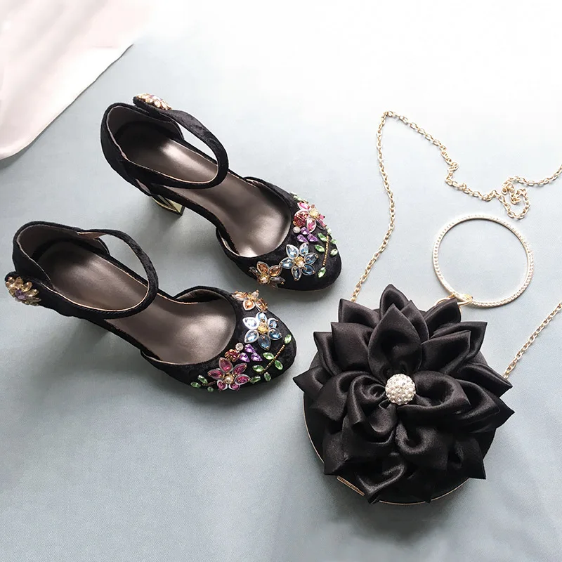 Phoentin черные Кристальные туфли подходящая сумка Стразы итальянская женская обувь