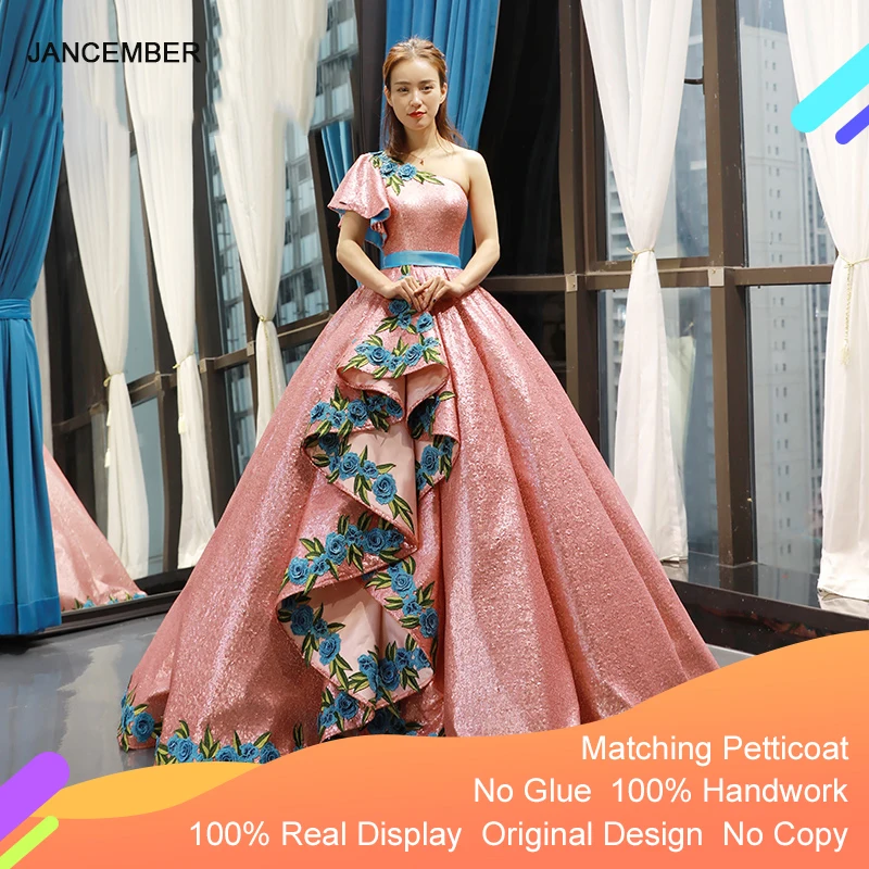 J66738 jancдекабря розовые платья Quinceanera 2020 на одно плечо с коротким рукавом