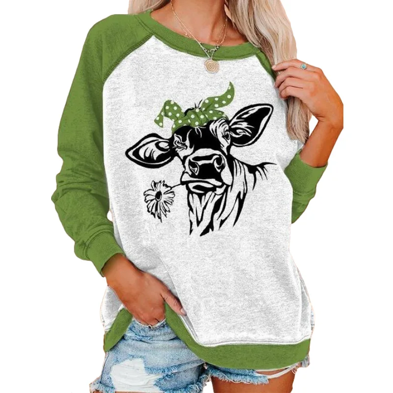 

Autumn and Winter Popular Women's Top Animal Ox Head Print Round Neck Long Sleeve Loose Sweatershirts for Women