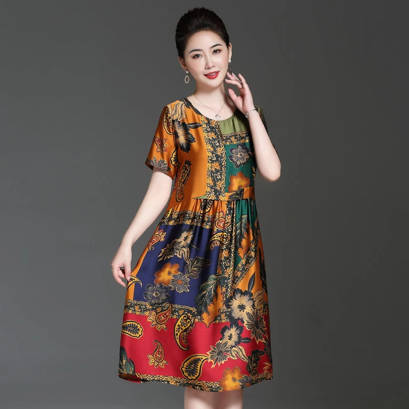 

Summer Women Floral Print A-Line Silk Satin Dresses Green Red Graphics Pattern Round Collar Short Sleeve Calf Length Robe XXXXL
