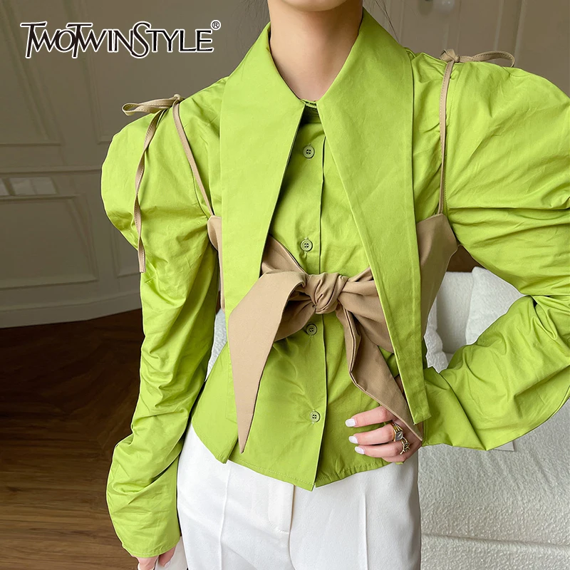 

Женский Повседневный комплект из двух предметов twotwin2, разноцветная рубашка с отложным воротником и рукавами-фонариками, жилет на шнуровке, ...