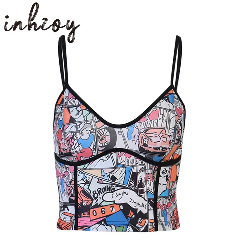 

Sexy V Neck Y2K Crop Top Women Cartoon Graffiti Print Patchwork Kawaii Cami Tops Vest Harajuku 90s E Girl Aesthetic Streetwear