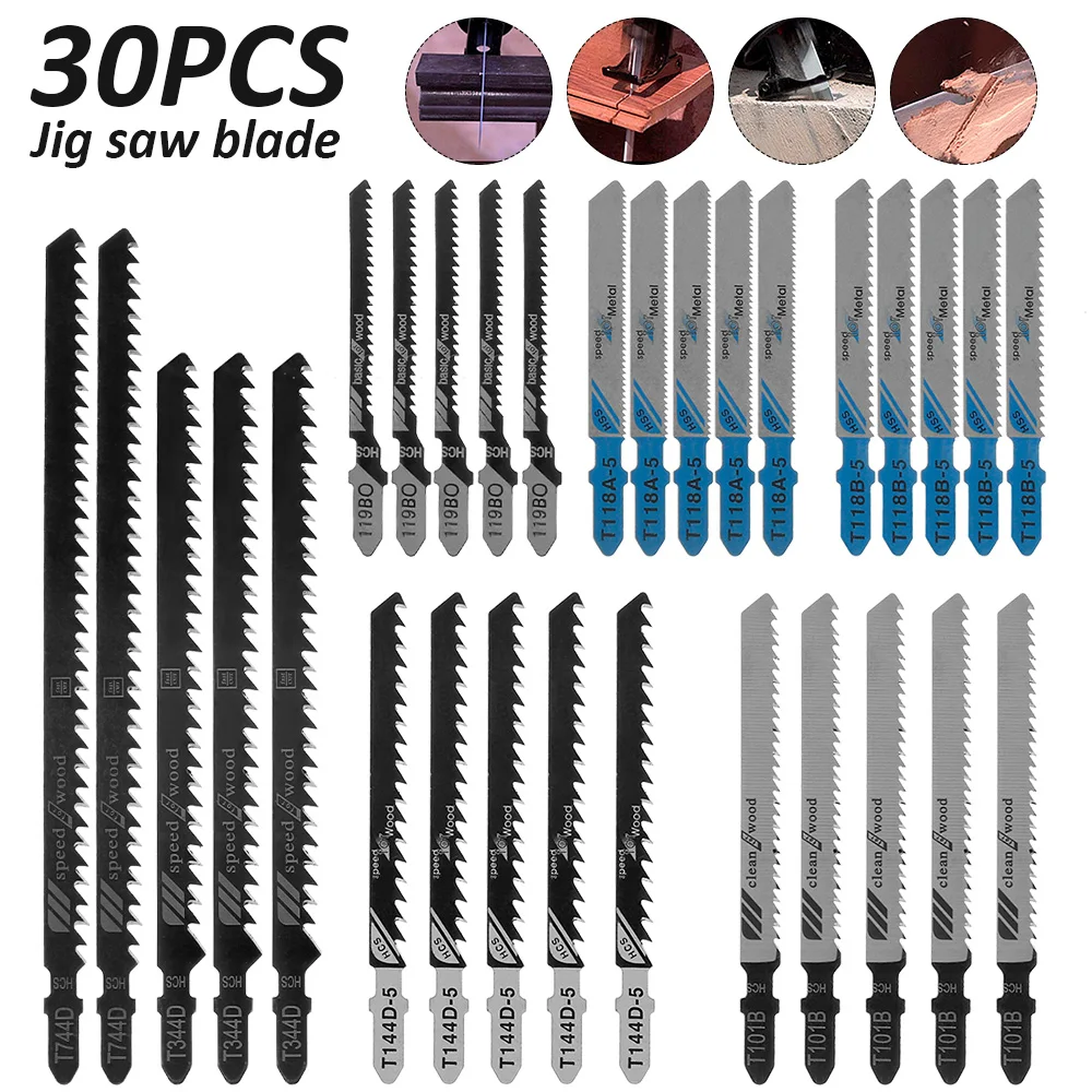

30Pcs Jig Saw Blade Jigsaw Blades Set Metal Wood Assorted Blades Woodworking T144D/T118A/T118B/T101B Power Tool Saw Blade