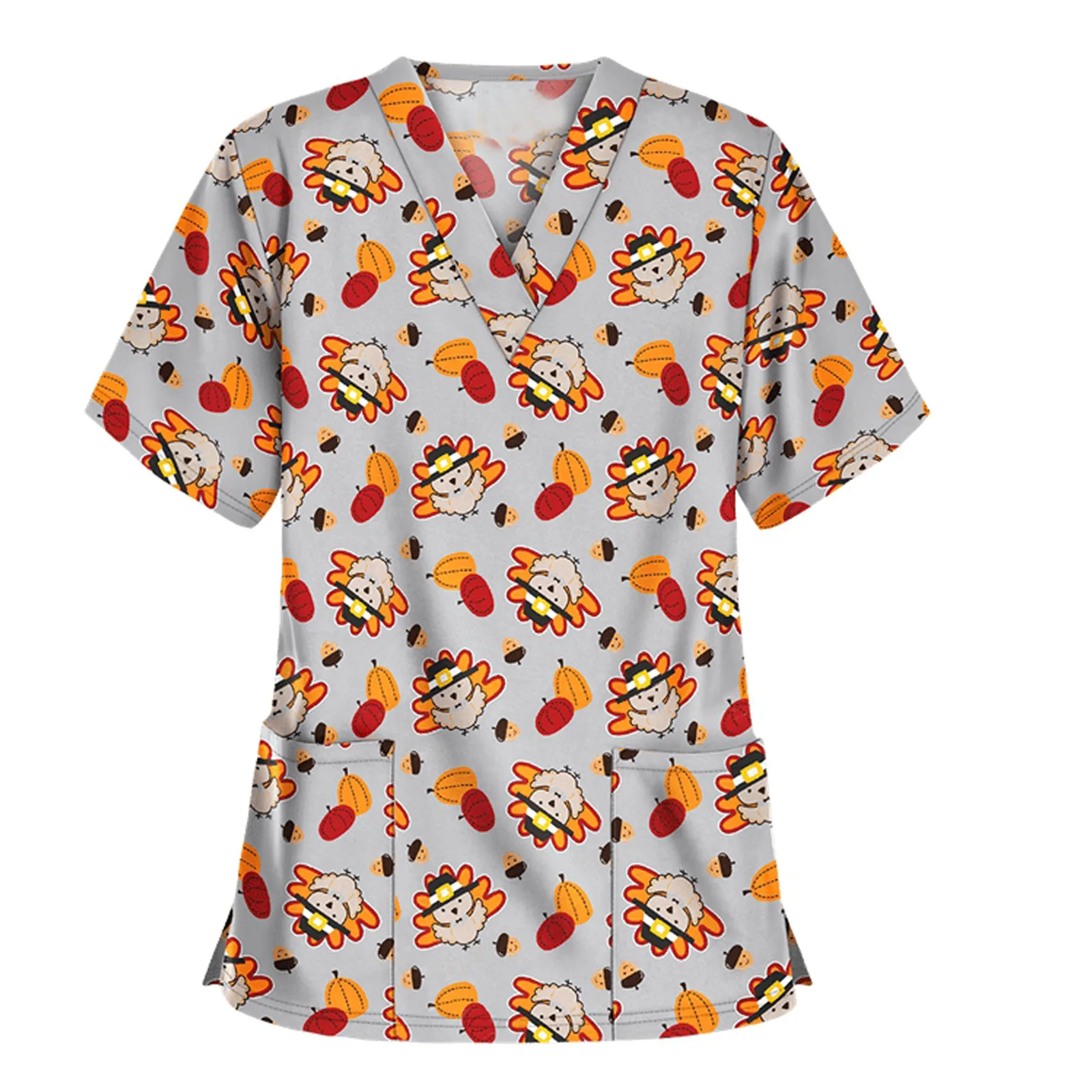 

2021 Short Sleeve V-neck Tops Working Uniform Merry Christmas Thanksgiving Women Blouse chemisier femme nouvelle collection 00