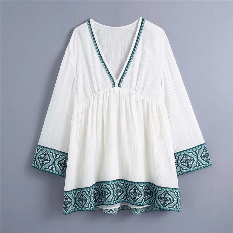 

Women Textured Mini Embroidery Dress Za 2021 Patchwork Long Puff Sleeve Vintage Loose Summer Dress Woman Pleated White Dresses