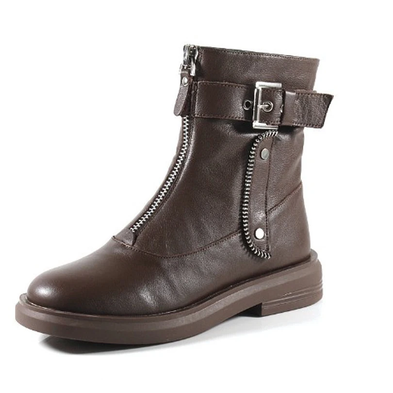 Женские ботинки из натуральной кожи Черные ботильоны на молнии и низком каблуке