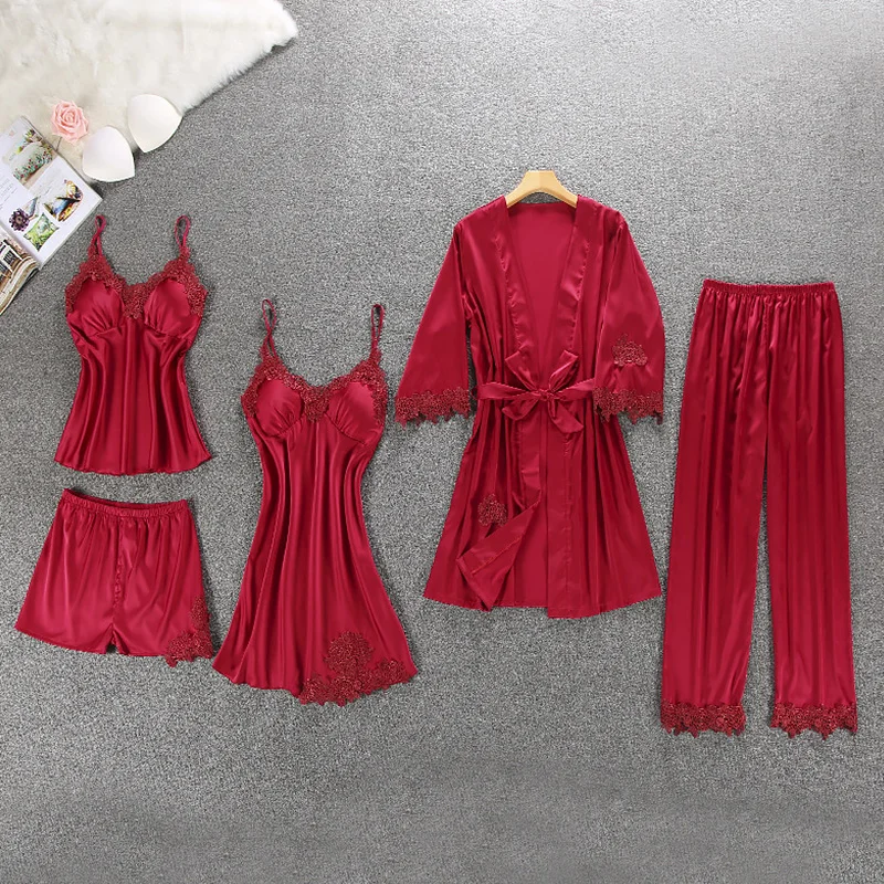 5 шт./лот Женская одежда для сна из искусственного шелка комплект халата и рубашки