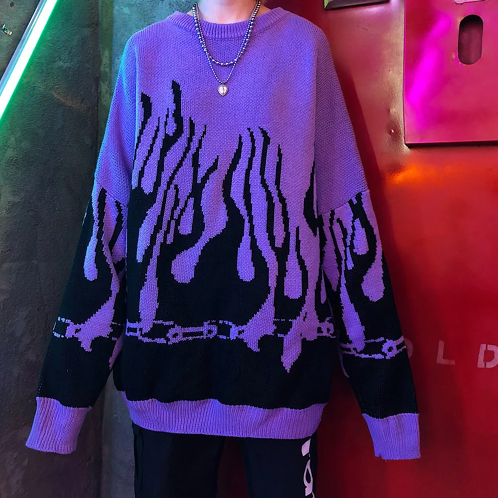 Женский вязаный свитер с принтом пламени пуловер в готическом стиле Свободный