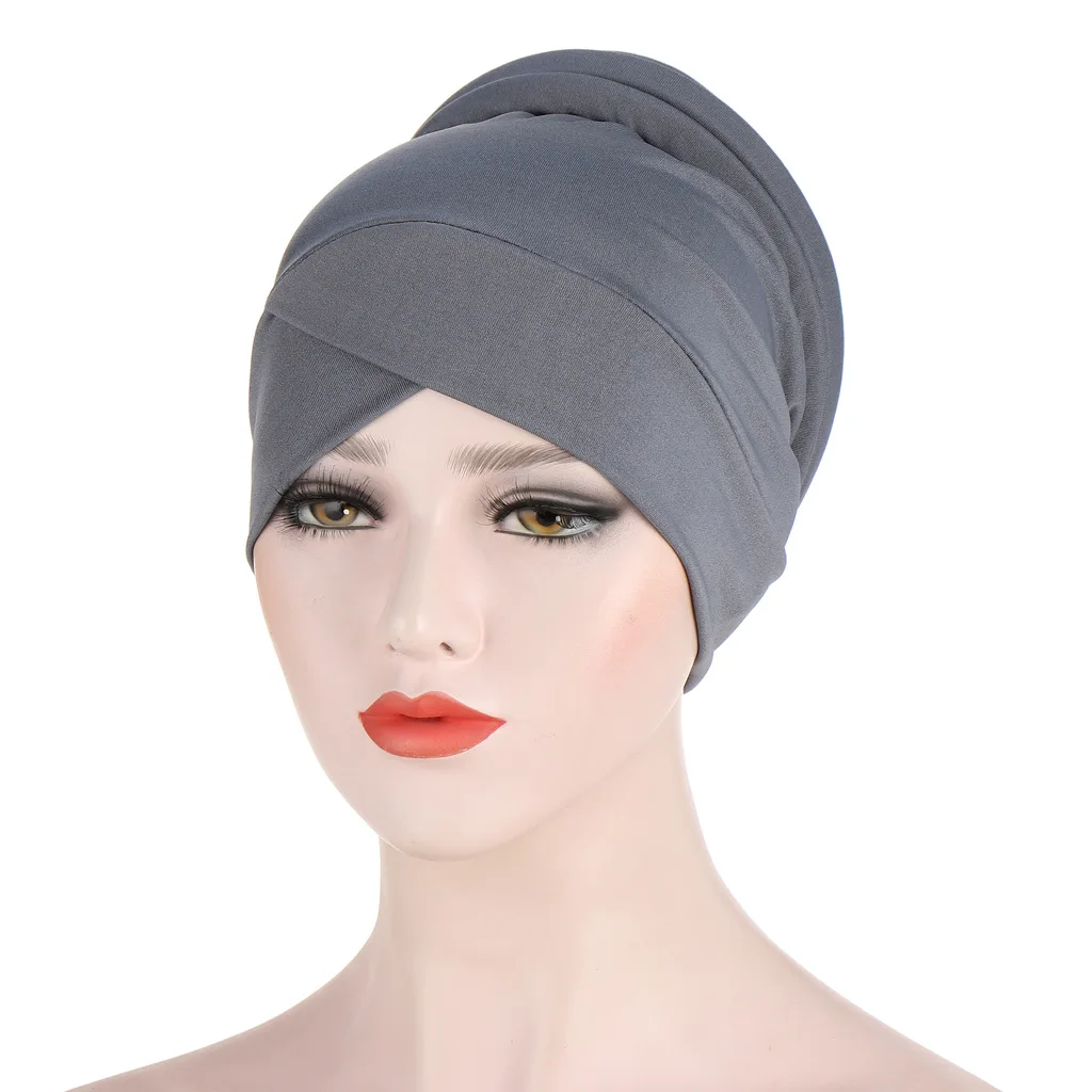 

New Forehead Cross Solid Cotton Elastic Turban Cap Sponge Muslim Hat Bonnet Arab Wrap Hijabs Bandanas Hair Accessories- 7 Colors
