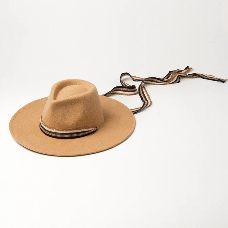 Для женщин шляпа с широкими полями теплая шерстяная шляпа Fedora Ретро Стиль ремень Панама лента для шляпы зимняя Свадебная вечеринка церкви Дерби мягкие шляпы женская шапка - Цвет: Хаки
