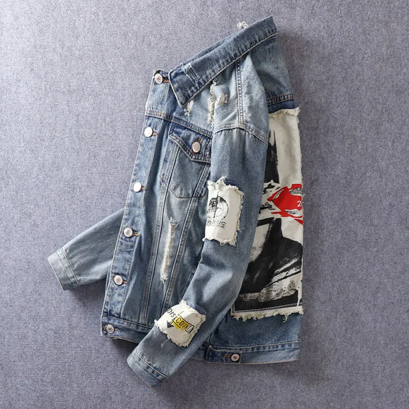 Мужская джинсовая куртка модная облегающая в стиле хип-хоп Повседневная Уличная