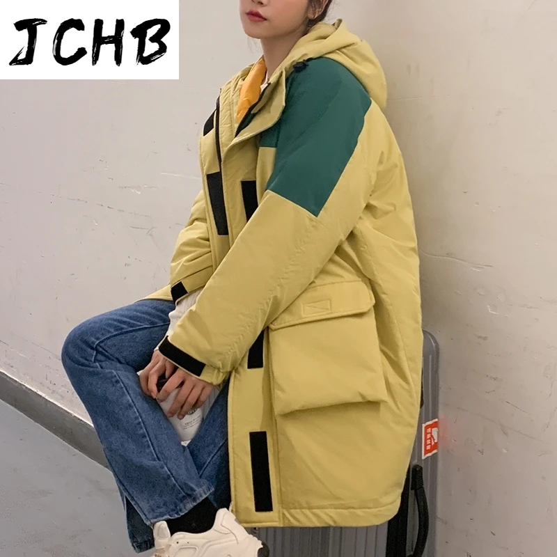 

JCHB Casual Patchwork Parkas Women Long Sleeve Loose Thick Warm Long Coats Female Zipper Pocket Hooded Jacket Lady Ropa Mujer