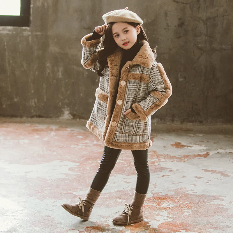 Подростковое плотное шерстяное кашемировое пальто в клетку для девочек