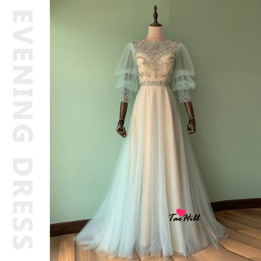 

TaoHill Crystall A-Line Green Puff Sleeve Tulle O-neck Evening Dresses 2020 Beading Formal Dress Design