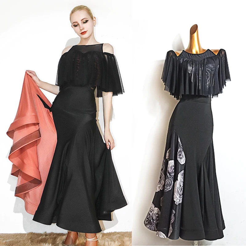 

Off-Shoulder Ballroom Dance Costume Prom Waltz Dancing Clothes Printing Hemline National Standard Performance Dancewear VDB4723
