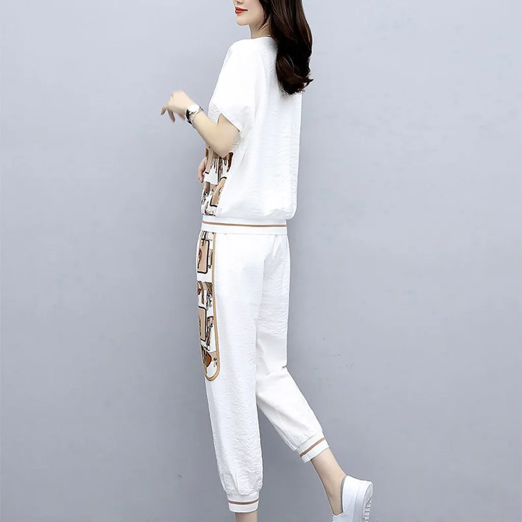 

2pc Women Short Set O-Neck Short Sleeve Three Quarter pant Suit Casual Loose Tops+Pants Loungewear Set Ladies suit