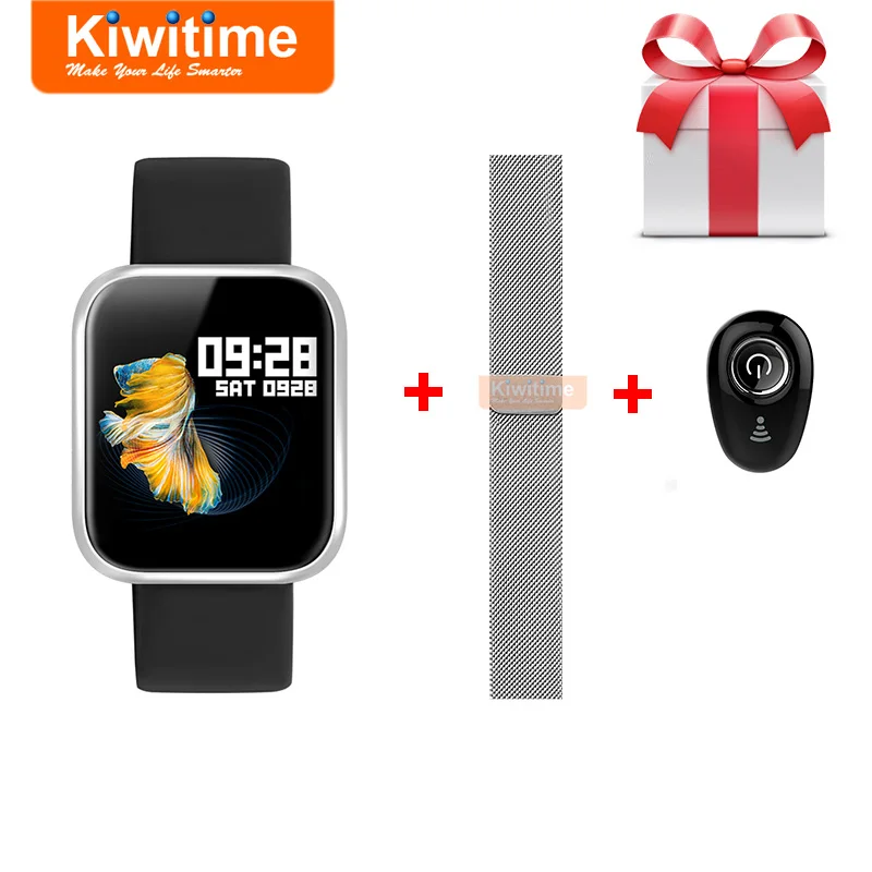 Silver with Earphone KIWITIME Смарт-часы P70 IP68 Водонепроницаемый P68 спортивный браслет для фитнеса для женщин и мужчин умные часы для Apple iPhone Android наушники подарок - Цвет: Silver with Earphone
