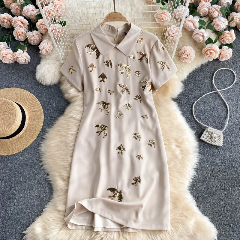 

Женское блестящее платье с блестками, повседневные платья с коротким рукавом и круглым воротником, корейская мода, уличный сарафан, лето 2021