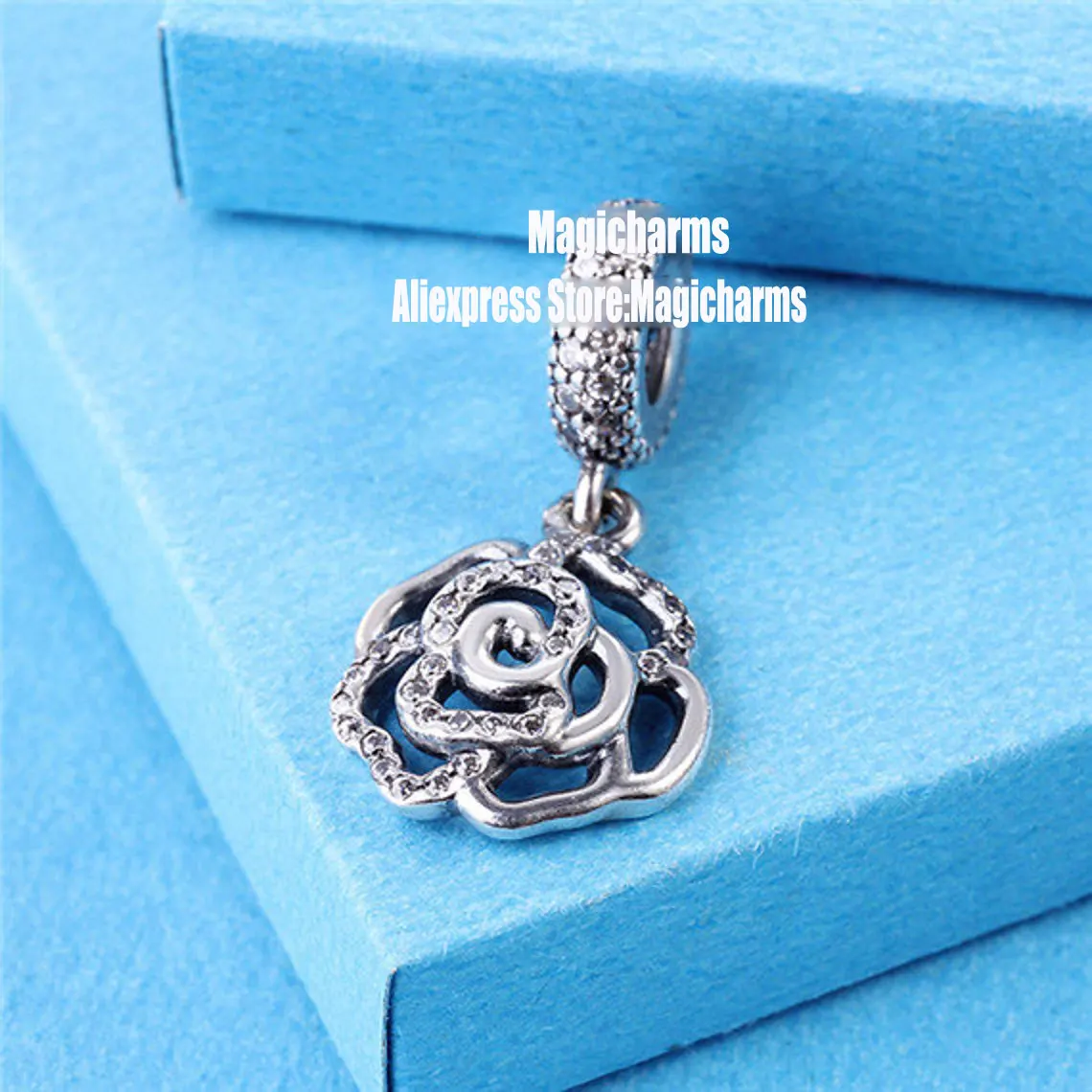 

925 Sterling Silver Shimmering Rose with Clear CZ Dangle Pendant Charm Bead Fits All European Pandora Bracelets Necklaces