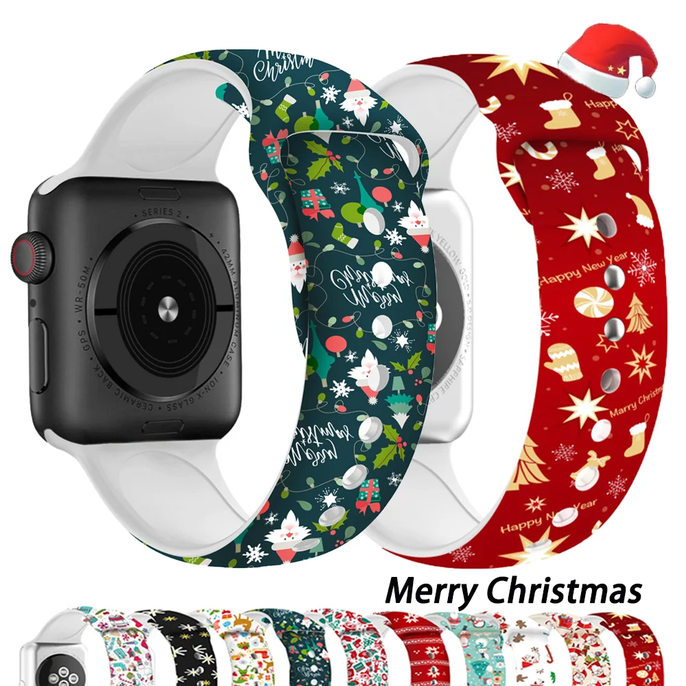 Christmas strap For Apple Watch band 44mm 40mm 45mm 41mm 38mm 42mm Cartoon Printed watchband Bracelet IWatch serie 5 4 3 6 SE 7