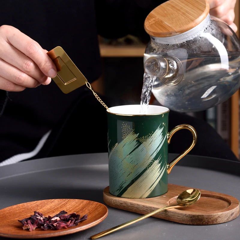 300ml Creative Coffee Cup with Wood Saucer Kit Breakfast Milk Cups Fruit Bread Plate Holder Handle Mug High Grade Mugs Drinkware | Дом и сад