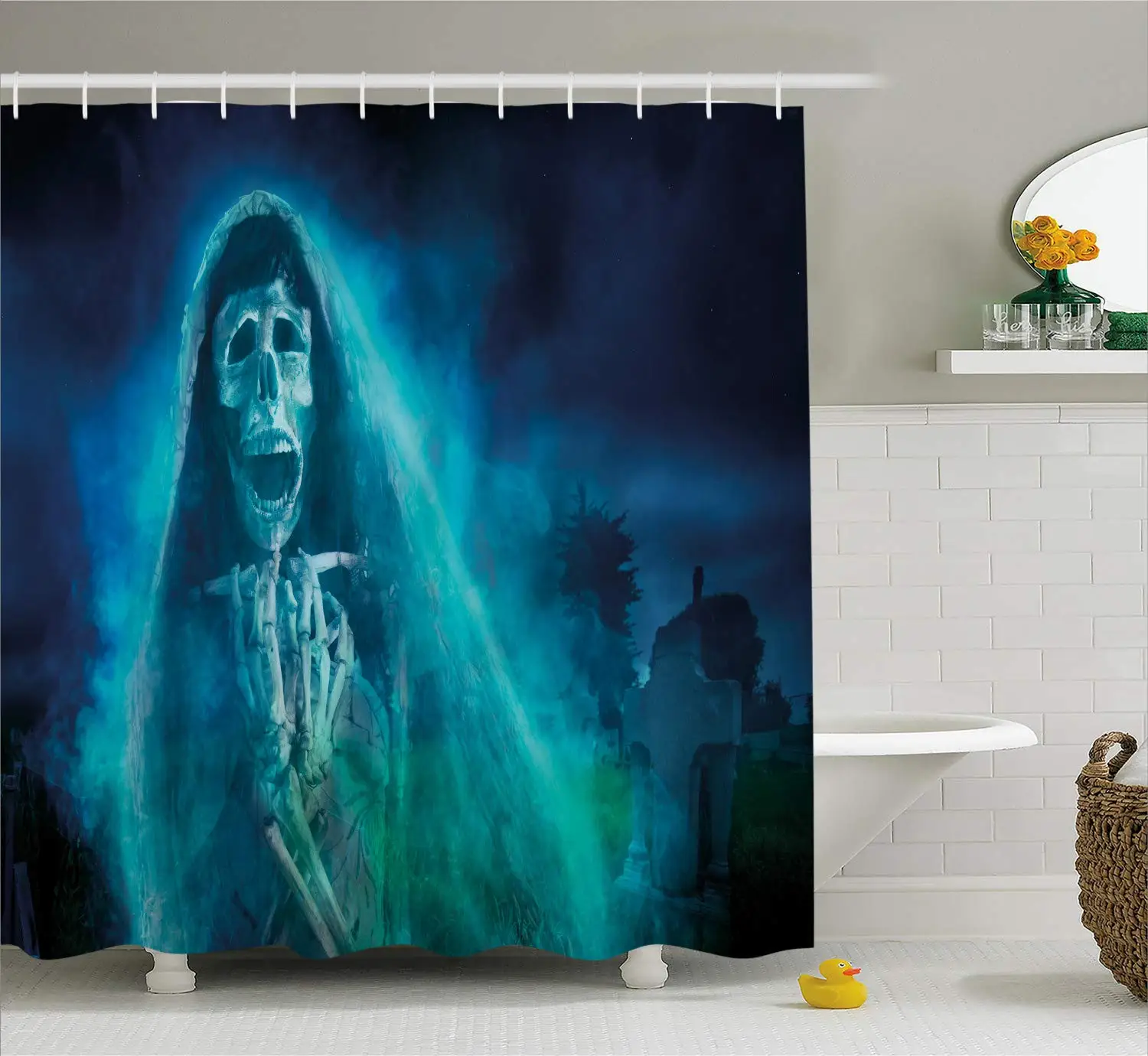 Хэллоуин душевая занавеска череп ужасная женщина на кладбище гробница в