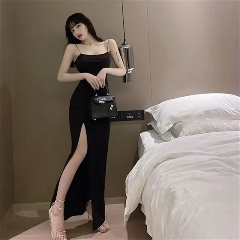 

Summer Women Spaghetti Strap Party Dress Sexy Split Solid Slim Lady Ankle Fashion Length Vintage Wear Dresses Female New