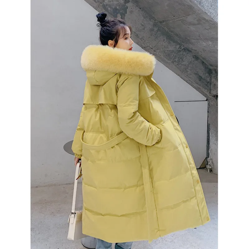 

Winter Coat Women Jacket Fashion 95% Cotton Padded Clothes With Waisted Imitation Fox Fur Collar Thickened Medium Length Parka