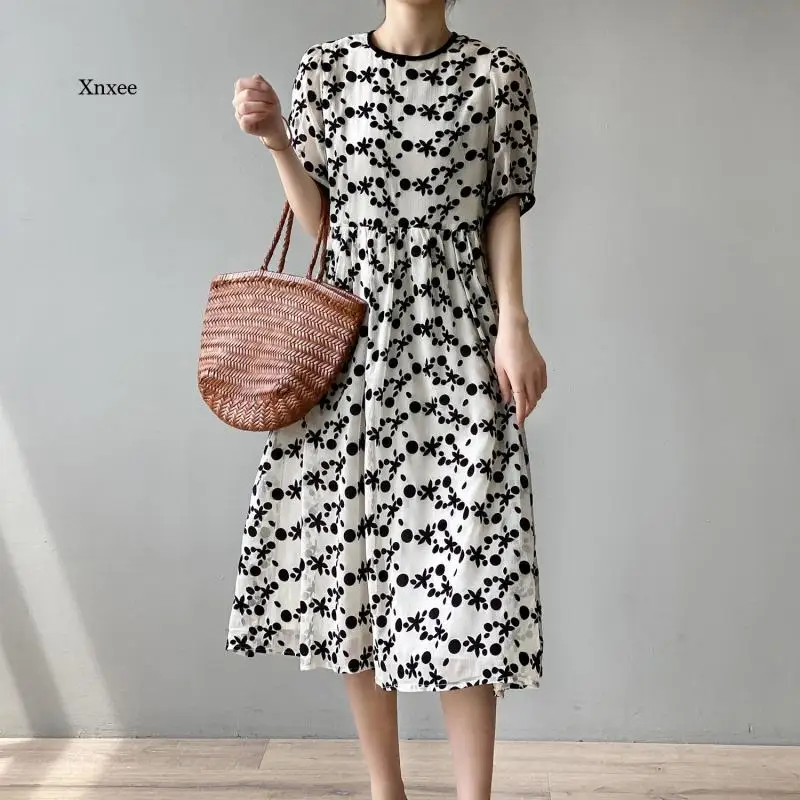 

Женское платье-миди с цветочным принтом, свободное винтажное платье в Корейском стиле с рукавами-фонариками, лето