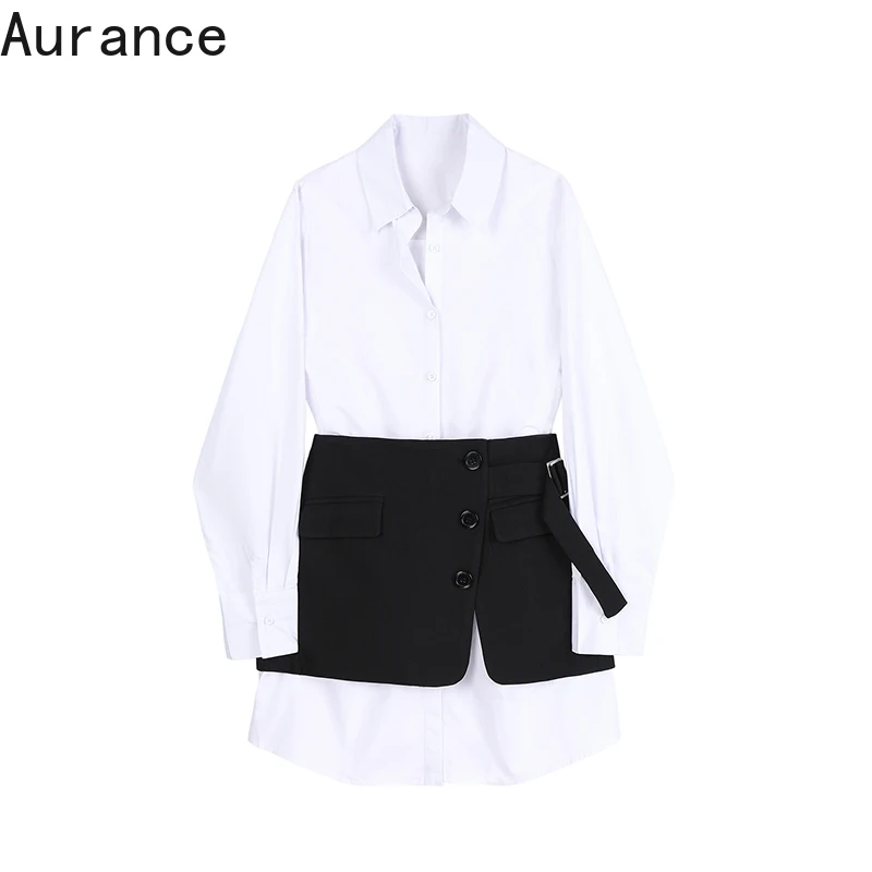 

[Aurance] Women Long Sleeve Irregular Spliced White Big Size Blouse New Lapel Loose Fit Shirt Fashion Spring Autumn Tops 2021