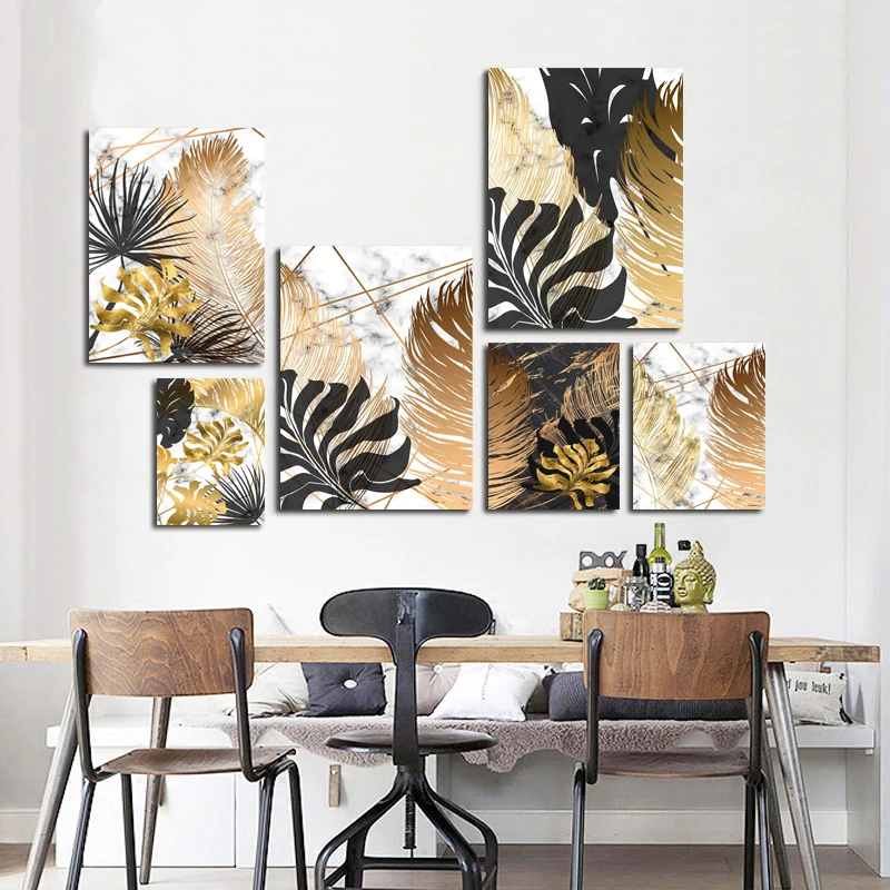 Мрамор черный лист абстрактные золотые листья холст живопись современный плакат