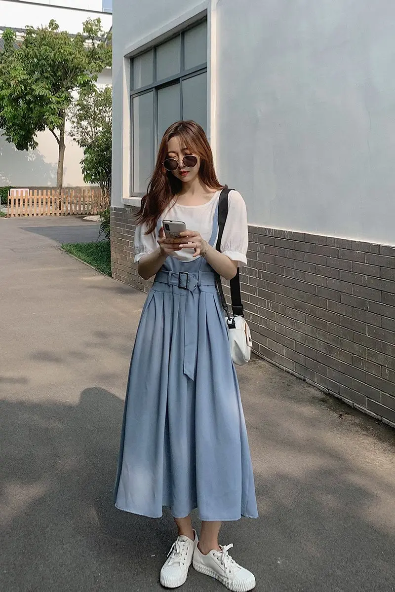 COIGARSAM свободное женское платье летние платья белые синие подтяжки черные B1293 |