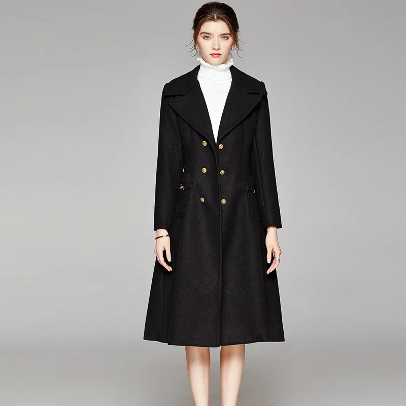 

Wool Blend Women's Coat Light Black Vintage Double Breasted Winter Long Coat For Woman Windproof Overcoat Plus Size Clothing