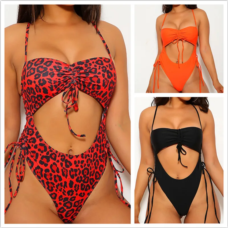 Женский купальник с эффектом пуш ап Цельный вырезом спереди и леопардовым