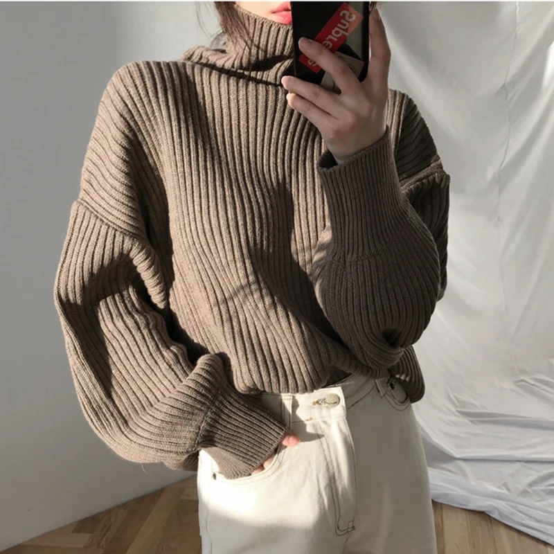 

Осенне-зимние пуловеры с высоким воротником, джемперы, женские корейские вязаные топы, Женские винтажные толстые Полосатые свитера 2021