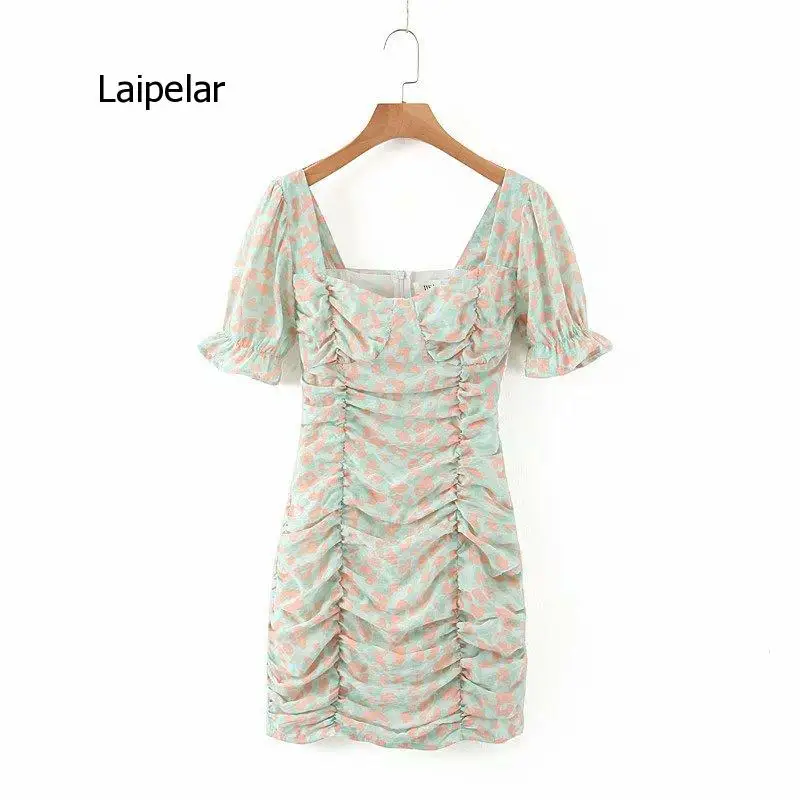 

Floral Print Ruched Women Pleated High Waist Square Collar Slim Bodycon Summer Short Sleeves Female Vestidos