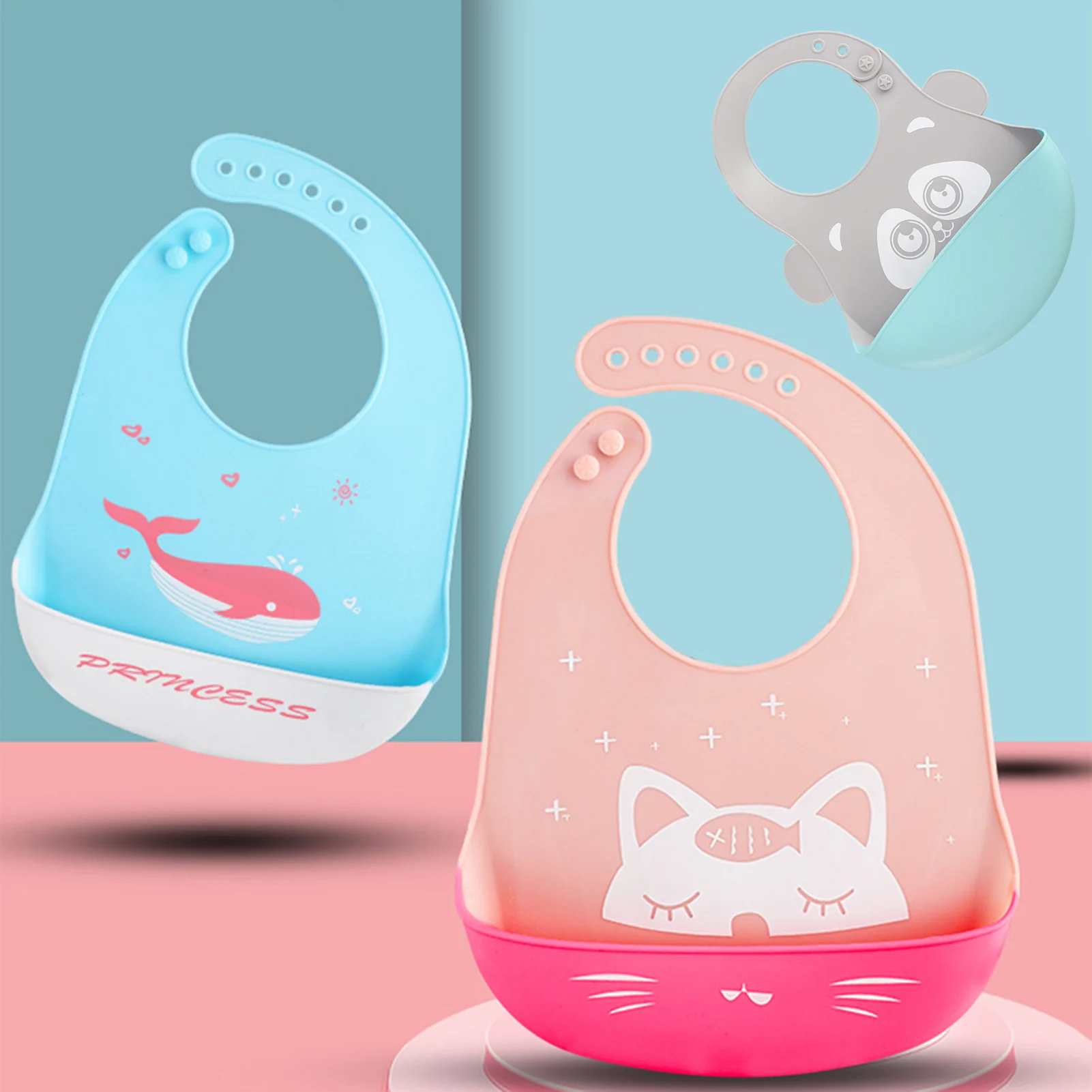 

2021 Cute Baby Bibs Waterproof Silicone Bib Infant Toddler Feeding Saliva Towel Cartoon Adjustable Children Apron with Pocket