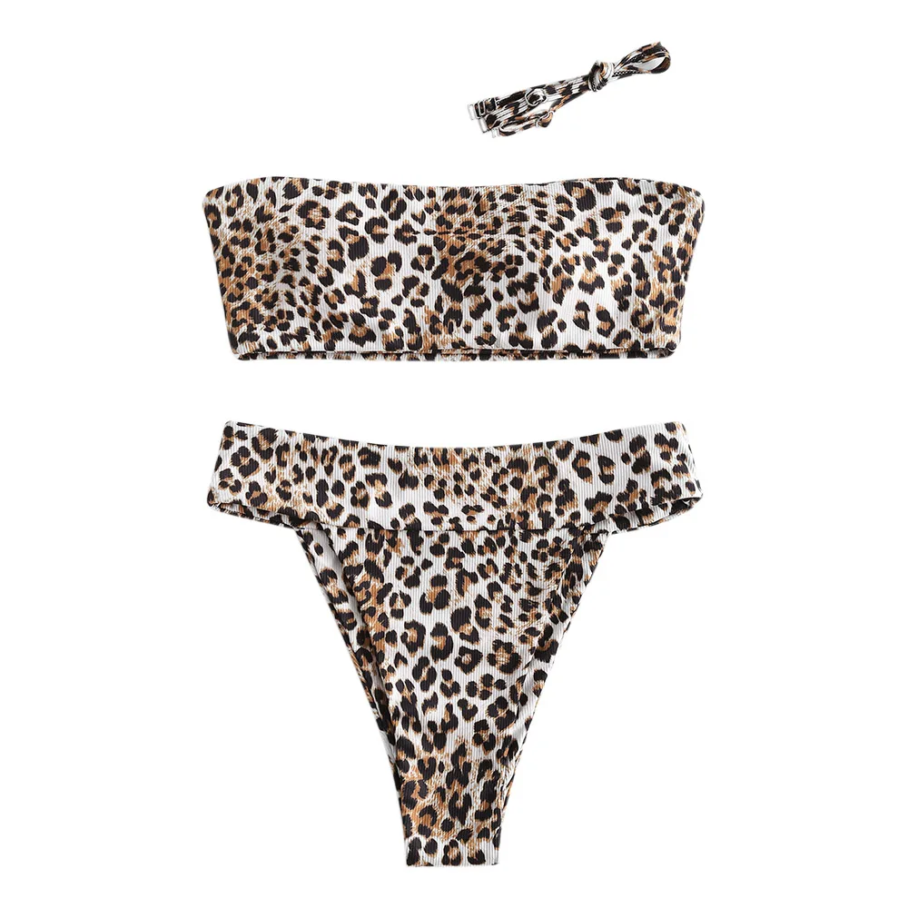 ZAFUL Ribbed Leopard Print High Cut Bikini Swimwear | Two-Piece Suits