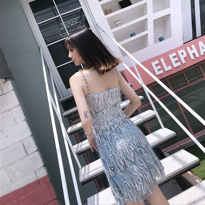 2020 Summer New Women Bling Crystal Tassel Party Dress Elegant Ladies Sexy Off Shoulder Pearls Strap Sleeveless Mini | Женская одежда