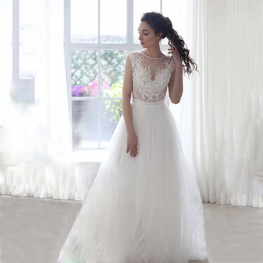 

Hi Shy Bride New Simple Wedding Dress Backless Sleeveless Design Chiffon Lace Bride Dresses Princess Dress Plus Size Tailor-made