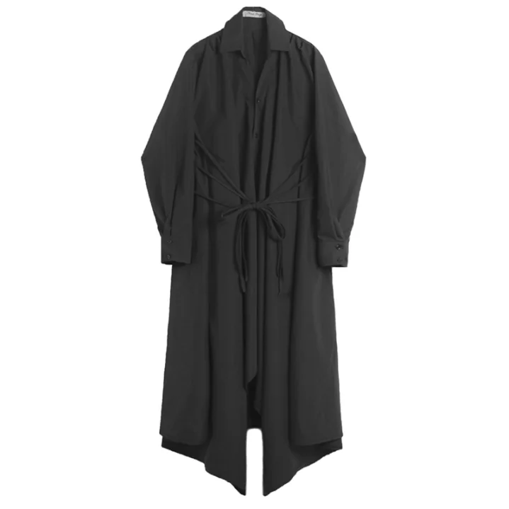 

2019One size!Japanese lazy loose long section with belt waist irregular long-sleeved windbreaker thin section solid color shirt.