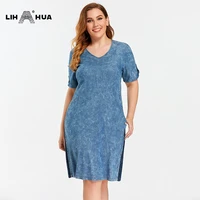 lih hua womens plus size denim dress summer slim dress casual dress cotton woven denim short sleeves