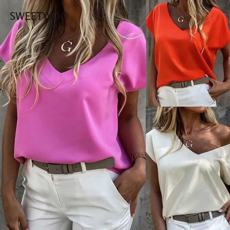 

2021 Women's Blouses Cute Bat Sleeve Casual Loose Summer Fashion Short Sleeve Shirt Casual V-Neck Solid Color Top