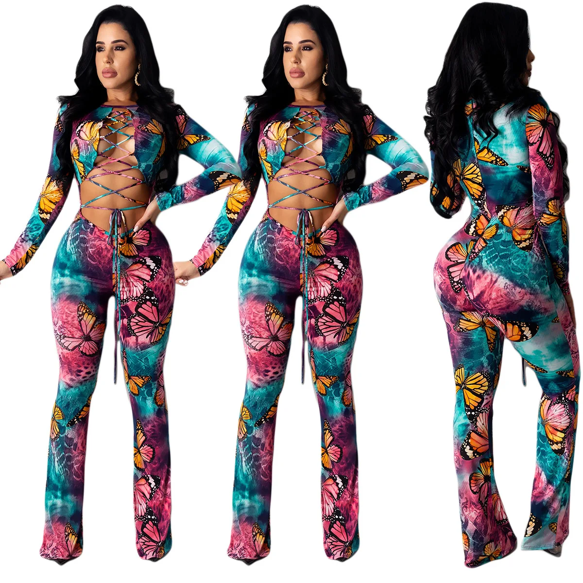 

ChocoMist Jumpsuit Sexy Lace-up Butterfly Print Jumpsuit YY5176
