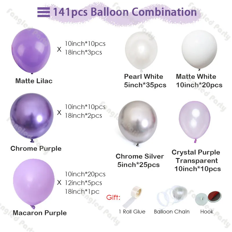 Guirnalda de globos de boda p&uacute;rpura, Kit de arco de globos de plata cromada blanca, Macaron, aniversario del D&iacute;a de San Valent&iacute;n, Decoraci&oacute;n de cumplea&ntilde;os, 141 Uds.-1