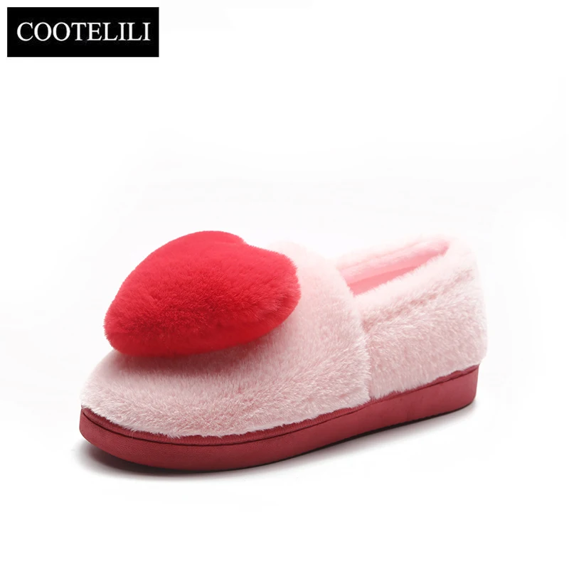 COOTELILI Women Heart-Shaped Fur Round Toe Comfort Platform Flats Snow Shoes Resistance Warm Winter Fluffy Plush Loafers | Обувь