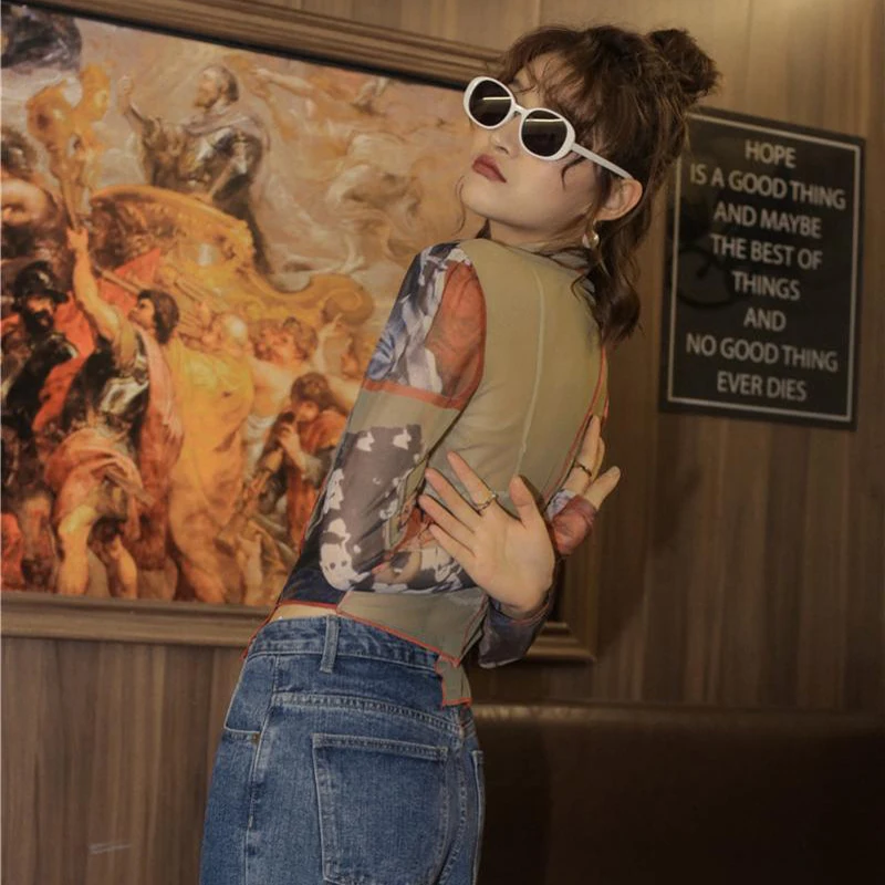 

Summer Mesh Perspective Women Inner Blouse Chic Long-sleeved shirt 2020 Popular Korean Vintage Fashion Elegant Tops Clothes