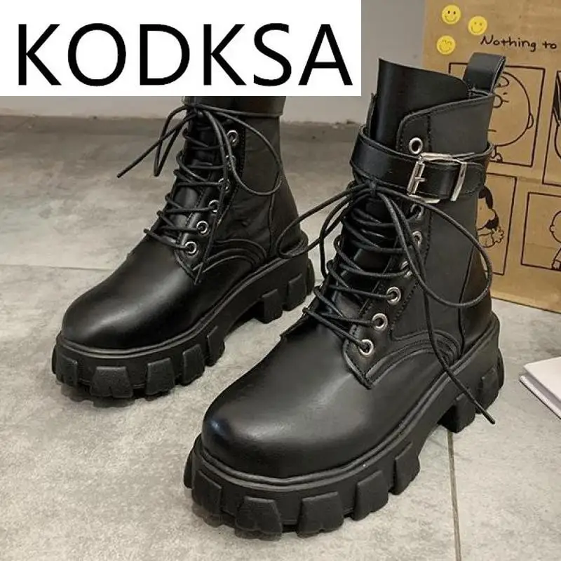 

2021 Black Platform Combat Ankle Boots For Women Lace Up Buckle Strap Woman Shoes Winter Biker Boots Big Size