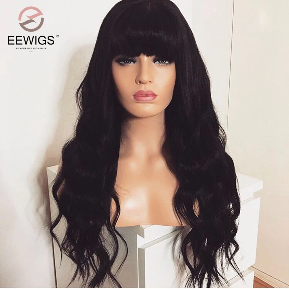 EEWIGS натуральный прямой длинный черный женский синтетический парик на кружеве коричневые волосы парик с термостойким корнем 180 плотность Омбре парик - Цвет: Black Wig